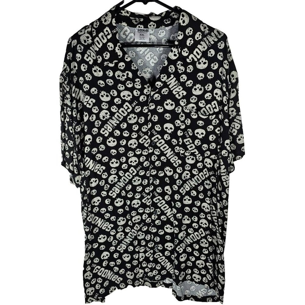 The Goonies NWT Button Up Shirt Men's Size XXL Black w/ All-Over Skull Logo
